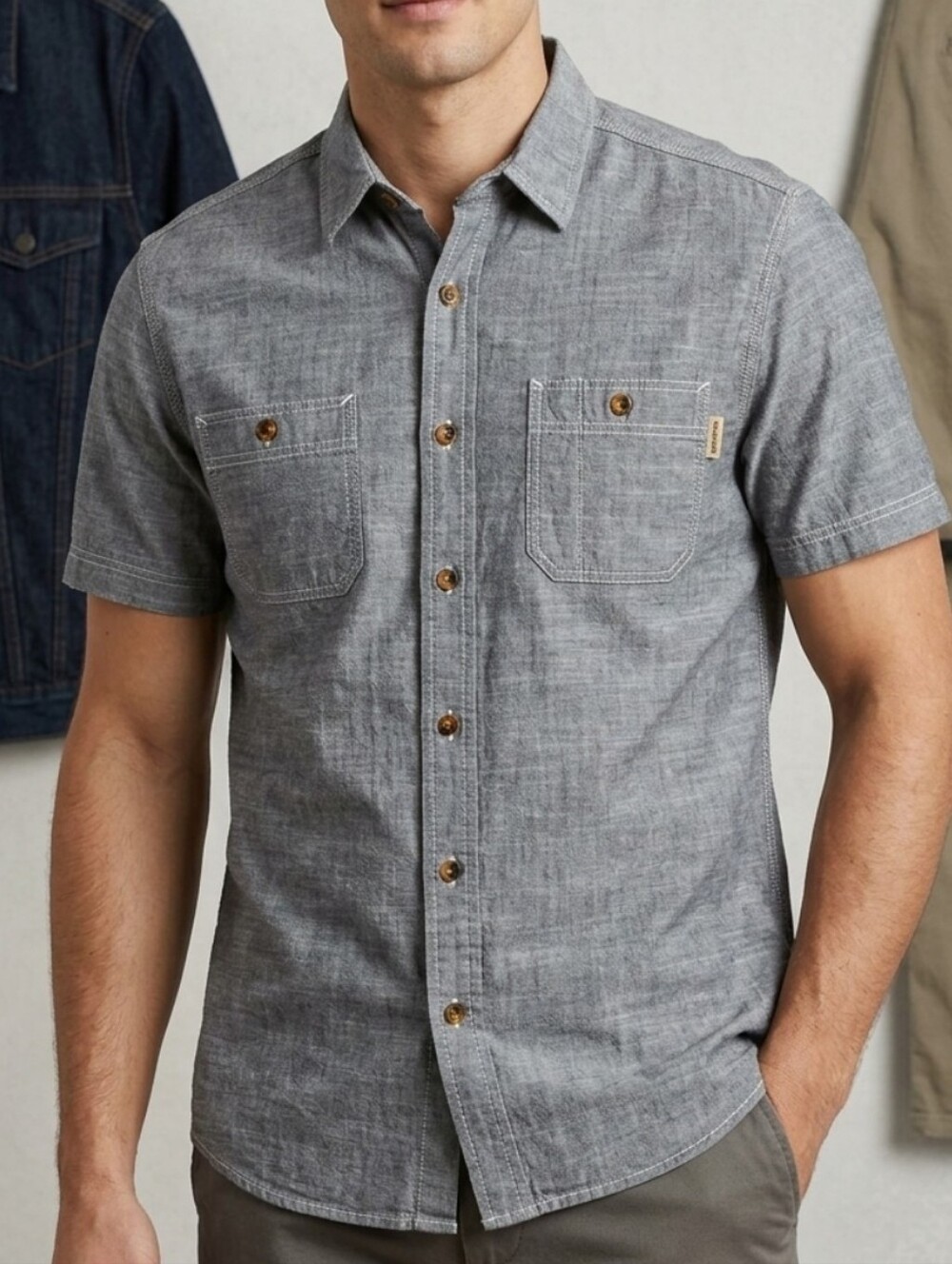 Woolrich Short Sleeve Gray Chambrey Button-Up Short Sleeve Shirt